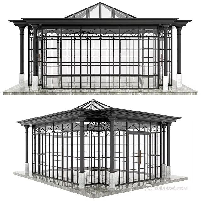 Modern Glass Gazebo Structure With Metal Frame Columns And Arched Roof 3d model 