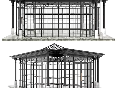 Modern Glass Gazebo Structure With Metal Frame Columns And Arched Roof 3d model
