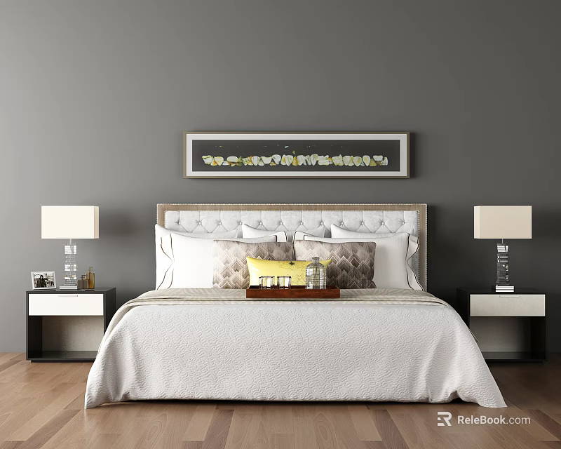 Double Bed with Upholstered Headboard Pillows Nightstands Table Lamps in Gray Wall Wooden Floor Room 3d model 