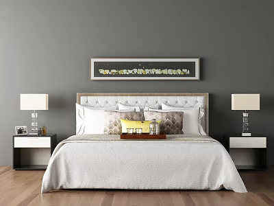 Double Bed with Upholstered Headboard Pillows Nightstands Table Lamps in Gray Wall Wooden Floor Room 3d model