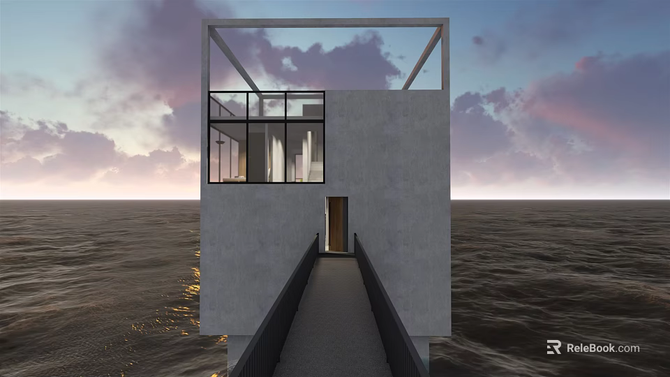 Modern Detached Villa by Ocean with Concrete Exterior Glass Windows Walkway and Sunset Sky 3d model 