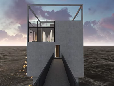 Modern Detached Villa by Ocean with Concrete Exterior Glass Windows Walkway and Sunset Sky 3d model