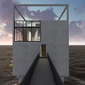 Modern Detached Villa by Ocean with Concrete Exterior Glass Windows Walkway and Sunset Sky