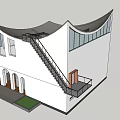 Detached Villa With White Exterior Curved Roof Skylights Arched Windows Entry Steps And Green Lawn