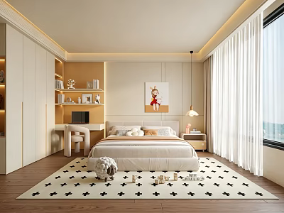 Modern Bedroom Interior With Comfortable Bed Star Patterned Rug And Wooden Desk 3d model