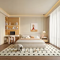 Modern Bedroom Interior With Comfortable Bed Star Patterned Rug And Wooden Desk