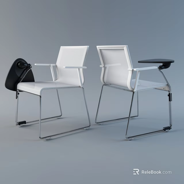 Two Modern White Office Chairs With Metal Frames And Side Table Tray 3d model