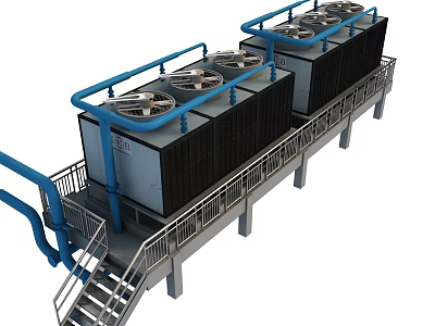Industrial Air Conditioning Fans With Multiple Units Blue Pipes And Metal Platform 3d model