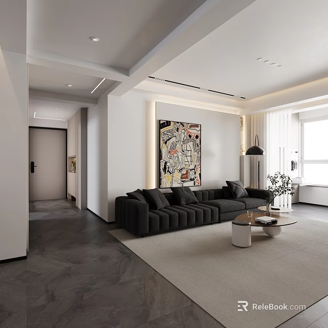 Modern Living and Dining Area With Black Sofa Beige Rug And Abstract Artwork 3d model 