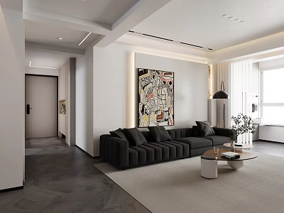 Modern Living and Dining Area With Black Sofa Beige Rug And Abstract Artwork 3d model