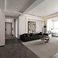 Modern Living and Dining Area With Black Sofa Beige Rug And Abstract Artwork
