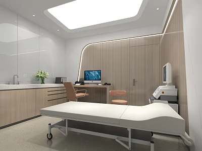 Modern Medical Examination Room With Examination Table Computer Medical Equipment Wooden Cabinets And Potted Plant 3d model