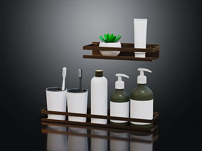 Bathroom Essentials On Wooden Shelf With Cups Bottles Plant And Tube 3d model