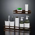Bathroom Essentials On Wooden Shelf With Cups Bottles Plant And Tube
