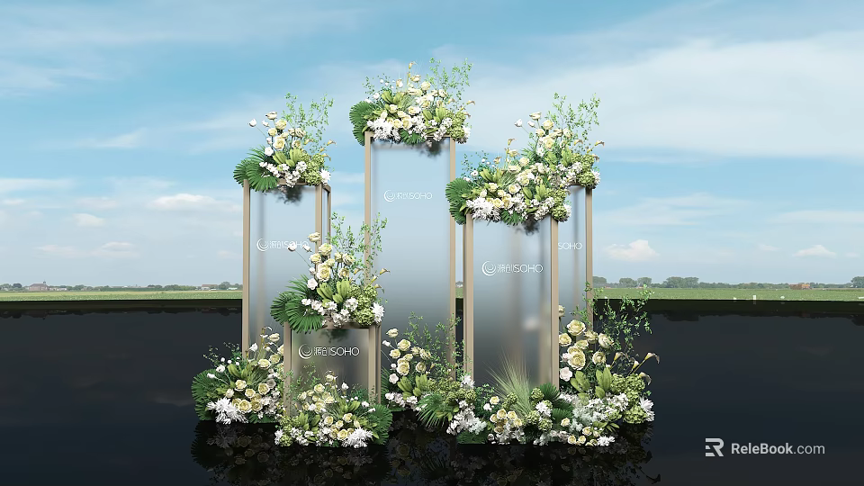Elegant Floral Decorative Display With Glass Stands White Flowers And Lush Greenery 3d model 