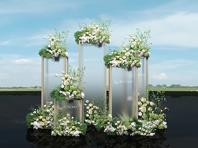 Elegant Floral Decorative Display With Glass Stands White Flowers And Lush Greenery 3d model
