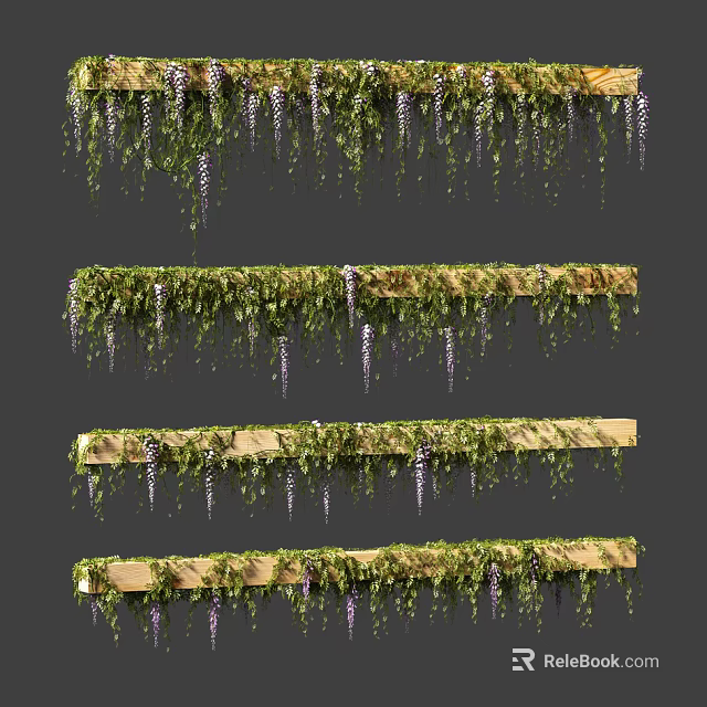 Living Plant Wall With Hanging Green Vines Purple Flowers And Wooden Strips 3d model 