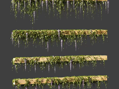 Living Plant Wall With Hanging Green Vines Purple Flowers And Wooden Strips 3d model