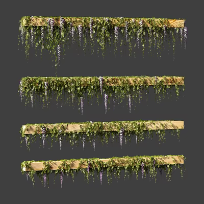 Living Plant Wall With Hanging Green Vines Purple Flowers And Wooden Strips 3d model