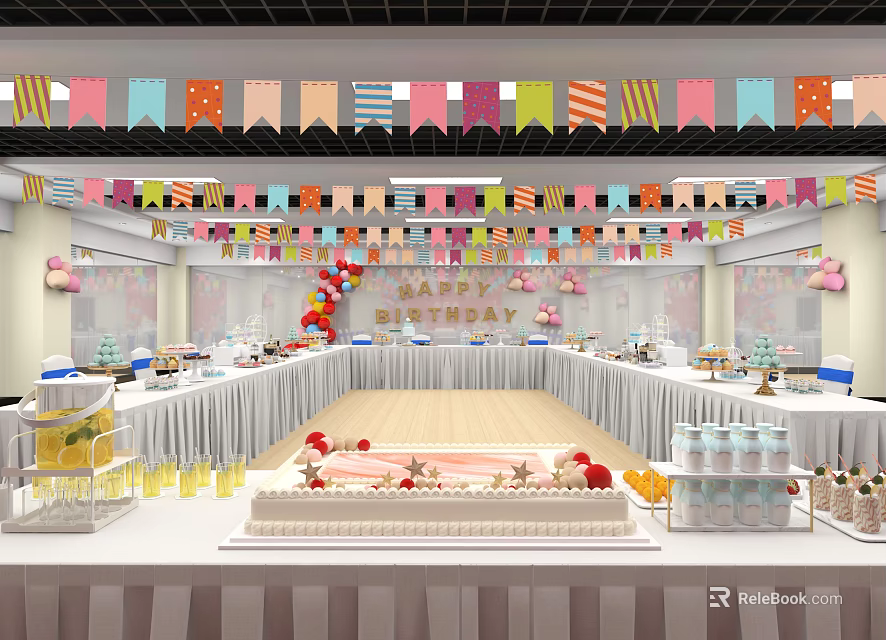 Meeting Room Decorated With Colorful Banners Long Tables Cake And Drinks 3d model 