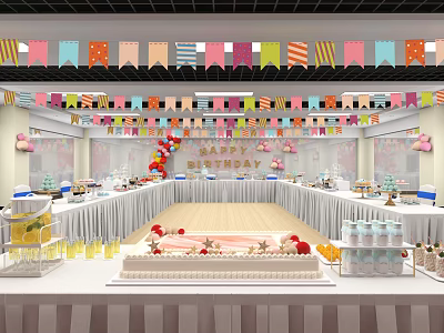 Meeting Room Decorated With Colorful Banners Long Tables Cake And Drinks 3d model