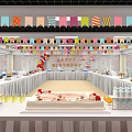 Meeting Room Decorated With Colorful Banners Long Tables Cake And Drinks