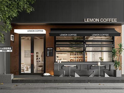 Lemon Coffee Storefront With Black Exterior Glass Windows Awnings Outdoor Tables And Plants 3d model