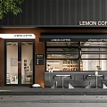 Lemon Coffee Storefront With Black Exterior Glass Windows Awnings Outdoor Tables And Plants