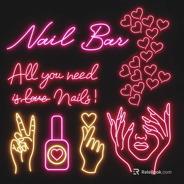 Vibrant Nail Bar Neon Decor With Love Nails Hearts Polish Bottle And Hands 3d model 
