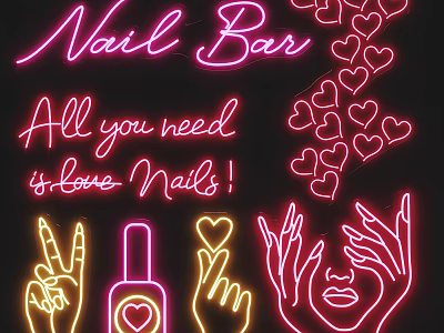 Vibrant Nail Bar Neon Decor With Love Nails Hearts Polish Bottle And Hands 3d model