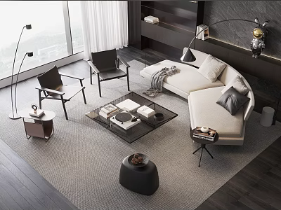 Modern L Shaped White Sofa Coffee Table Set With Glass Top Black Chairs And Decorative Pillows 3d model