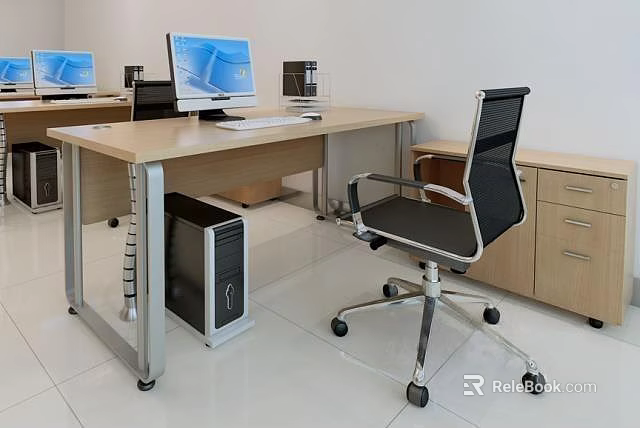 Modern Office Desk Workstation With Computer Monitor CPU Tower Office Chair And Drawer Cabinet 3d model 