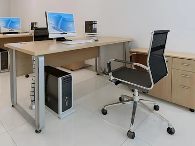 Modern Office Desk Workstation With Computer Monitor CPU Tower Office Chair And Drawer Cabinet 3d model