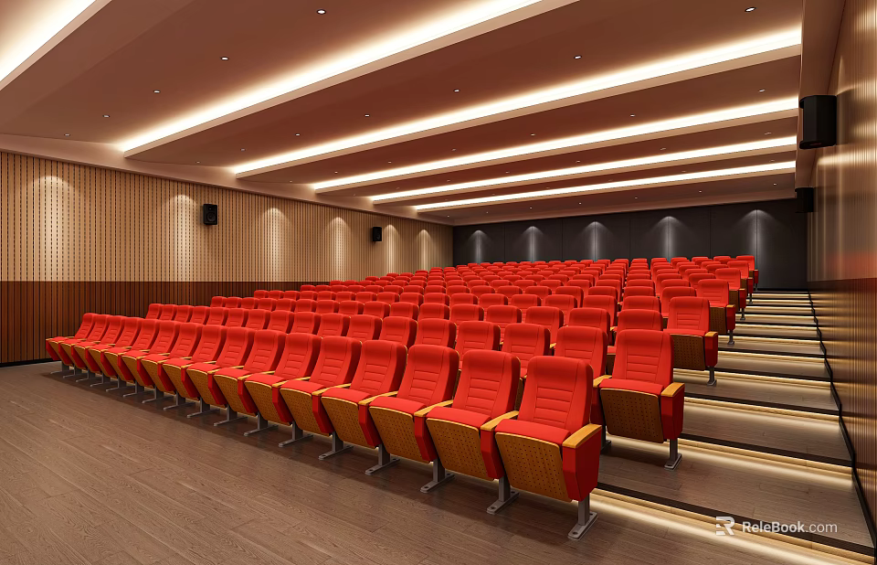 Spacious Conference Room with Red Seats Wooden Walls Ceiling Lights and Stepped Seating Arrangement 3d model 