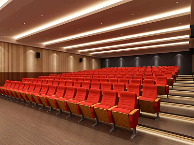 Spacious Conference Room with Red Seats Wooden Walls Ceiling Lights and Stepped Seating Arrangement 3d model