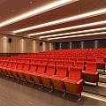 Spacious Conference Room with Red Seats Wooden Walls Ceiling Lights and Stepped Seating Arrangement