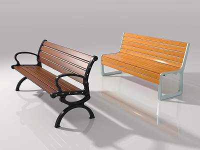 Modern Wooden Outdoor Benches With Metal Frames And Armrests For Garden Use 3d model