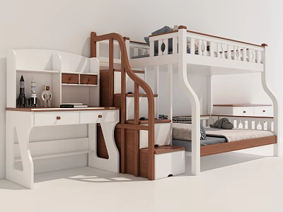 Modern Bunk Bed With Stairs Desk Storage And White Wooden Design 3d model