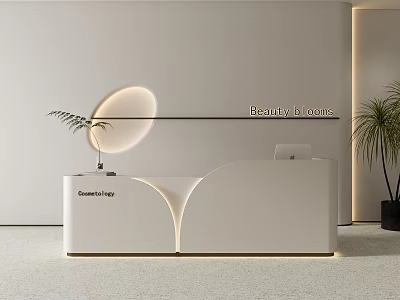 Modern Beauty Hair Salon Reception Desk With Minimalist Design Warm Lighting And Green Plants 3d model