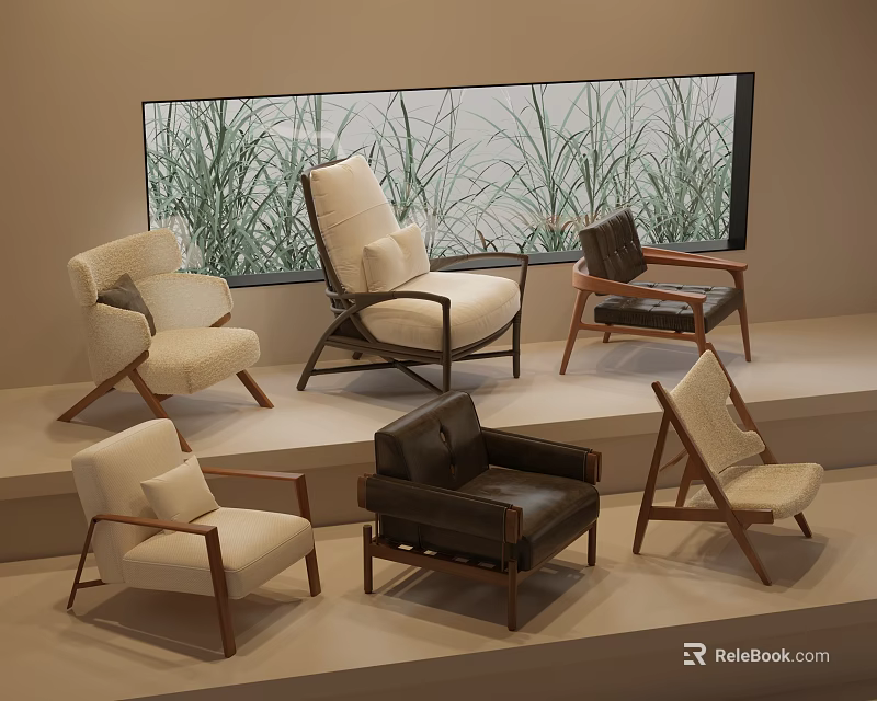 Elegant Accent Chairs With Various Styles And Wooden Frames By Large Window With Green Plants 3d model 