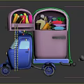 Pink Refrigerator Freezer with Open Door Filled with Colorful Fruits Vegetables Plates on Blue Cart