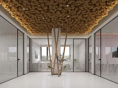 Spacious Modern Hall Featuring Honeycomb Wooden Ceiling Glass Doors And White Floor 3d model