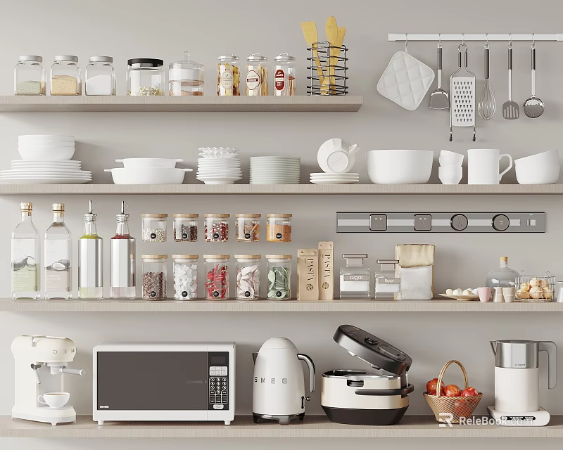 Organized Kitchen Shelves Displaying Assorted Glass Spice Jars With Bowls And Utensils 3d model 