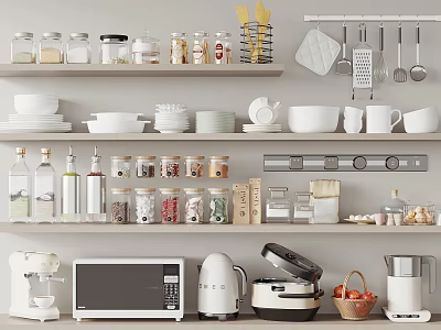 Organized Kitchen Shelves Displaying Assorted Glass Spice Jars With Bowls And Utensils 3d model