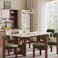 Modern Dining Table Set with Green Upholstered Chairs Vase Plants and Wooden Kitchen Cabinets