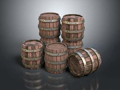 Industrial Equipment Stacked Wooden Barrels With Metal Hoops For Industrial Storage 3d model