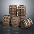 Industrial Equipment Stacked Wooden Barrels With Metal Hoops For Industrial Storage