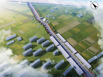 Aerial Planning of Rural Farmland Layout With Road Network and Modern Buildings 3d model
