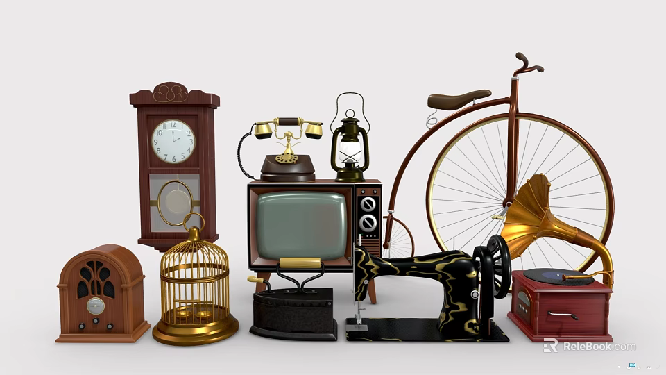 Vintage Television Surrounded by Classic Old Fashioned Items in Retro Collection 3d model 