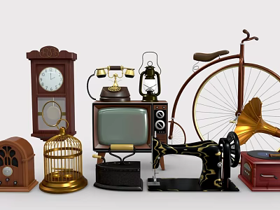 Vintage Television Surrounded by Classic Old Fashioned Items in Retro Collection 3d model